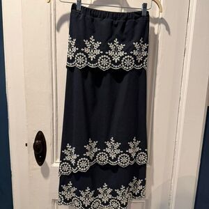N12H Daniela High-Low Maxi Dress Navy Blue White Embroidery Strapless Size L 8
